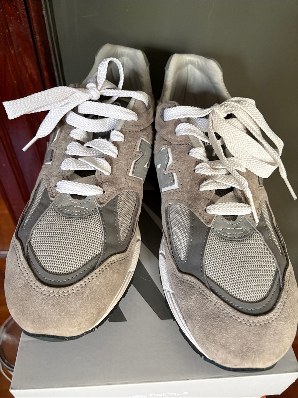 New Balance Taupe and White Suede Mesh Sneakers